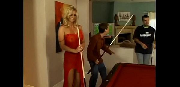  Blonde lady in red with big knockers Phyllisha Anne proposed three billiard players to mix up their game  on pool table